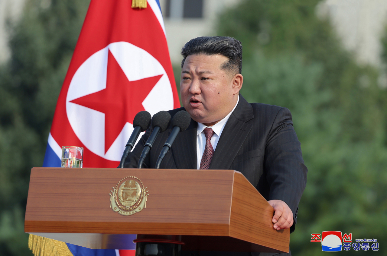 This photo shows the North's leader Kim Jong-un delivering a speech on Monday during his visit to Kim Jong Un University of National Defense to celebrate the 60th anniversary of its founding. (Yonhap)