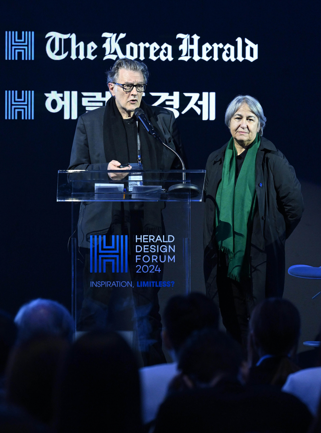 French architects Jean Philippe Vassal (left) and Anne Lacaton speak during a session at the Herald Design Forum 2024 held in Seoul on Tuesday. (Lee Sang-sub/The Korea Herald)