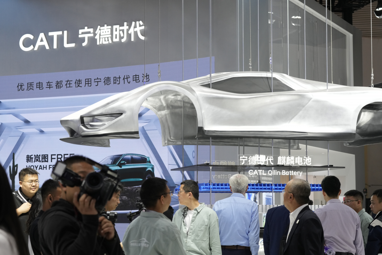 A model of the CATL Qilin battery is on display during the Beijing Auto Show in April this year. (Bloomberg)