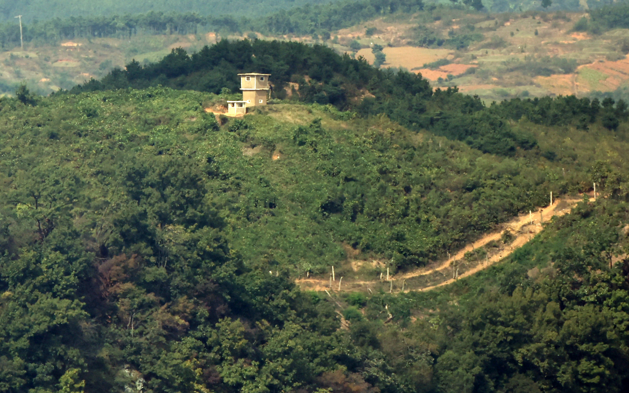 The North Korean side of the border as seen from an observatory in Paju, South Korea (Yonhap)