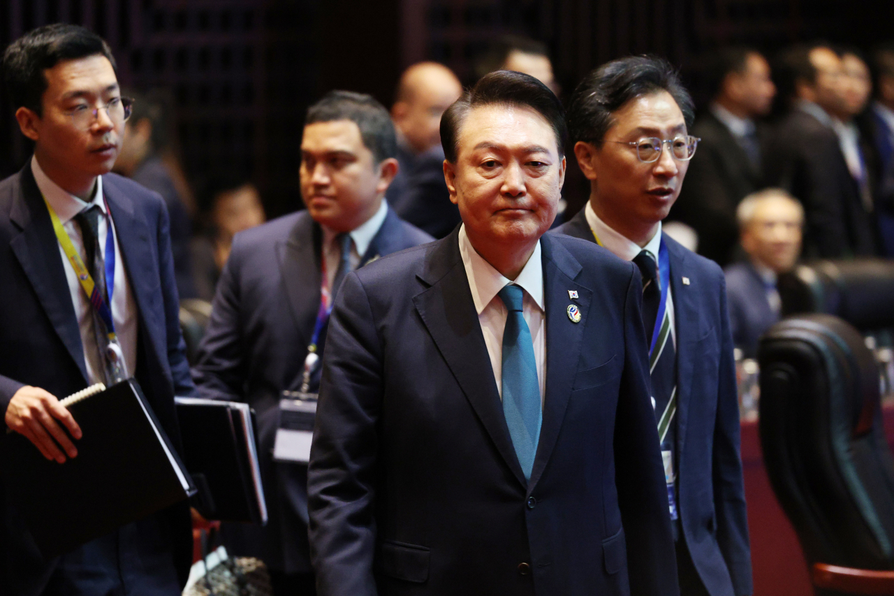 President Yoon Suk Yeol (center) attends the ASEAN Plus Three Summit in Vientiane, Laos on Thursday. (Pool photo via Yonhap)