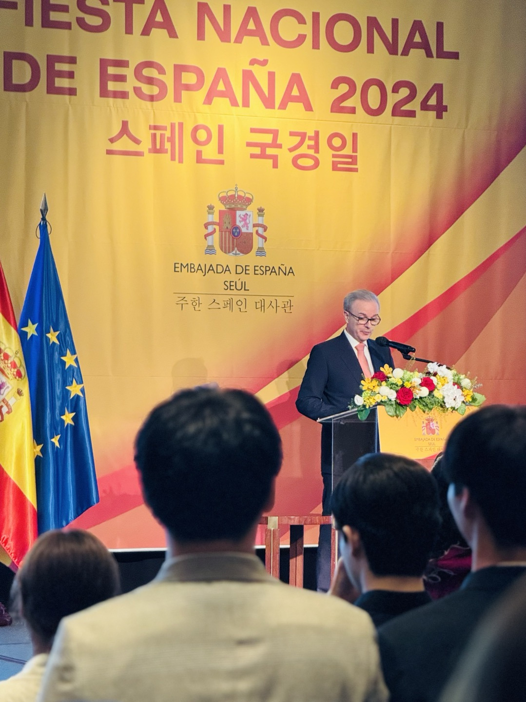 Spanish Ambassador to Korea Guillermo Kirkpatrick speaks at an event commemorating National Day of Spain at Four Seasons Hotel in Jongno-gu, Seoul on Thursday. (Sanjay Kumar/The Korea Herald)