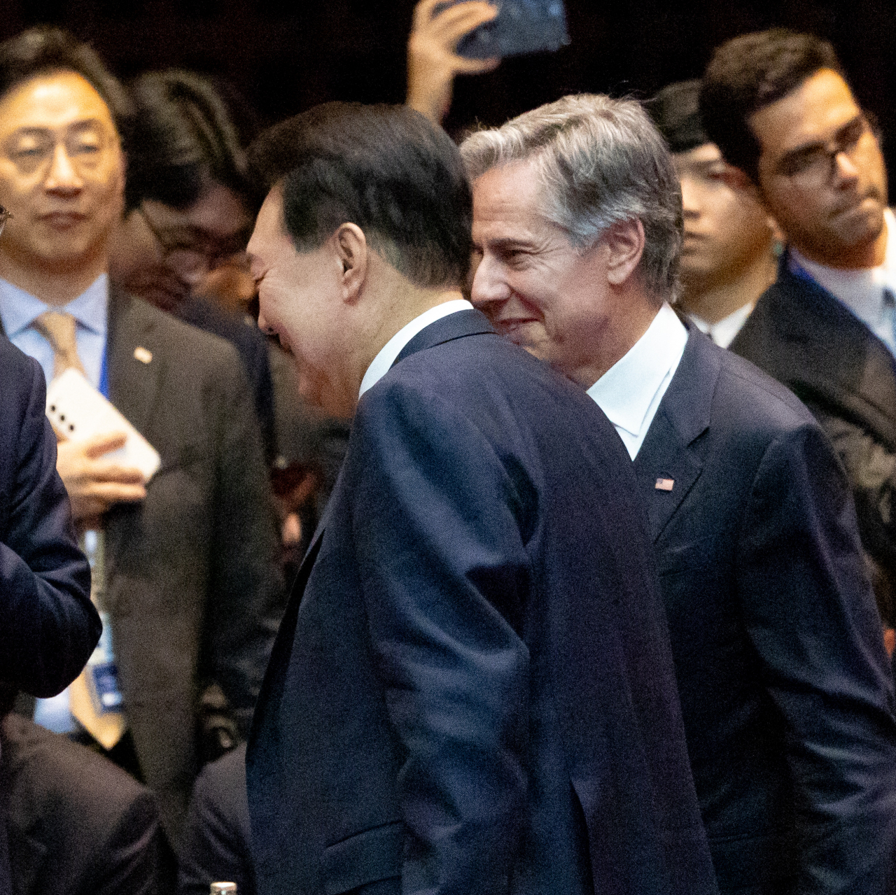 President Yoon Suk Yeol (center, front) and US Secretary of State Antony Blinken (right, front) are seen during the East Asia Summit held in Vientiane, Laos on Friday. (Pool photo via Yonhap)