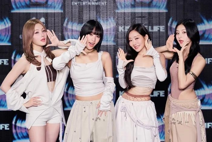 K-pop girl group Kiss of Life poses for a photo during a press showcase for its third EP, 