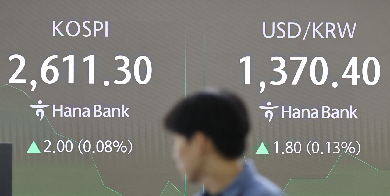 An electronic board showing the Korea Composite Stock Price Index at a dealing room of the Hana Bank headquarters in Seoul on Friday. (Yonhap)