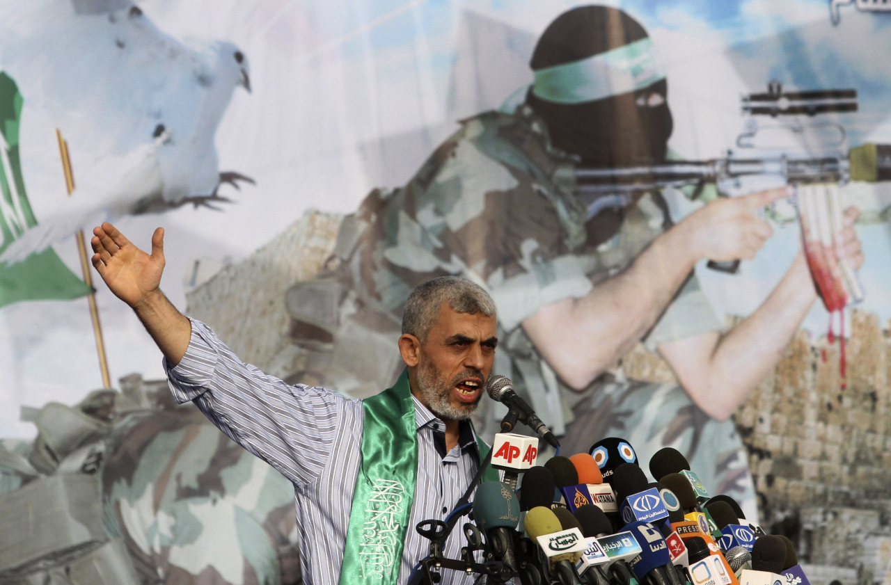 Yahya Sinwar talks during a rally in Khan Younis, southern Gaza Strip, on Oct. 21, 2011. (AP)