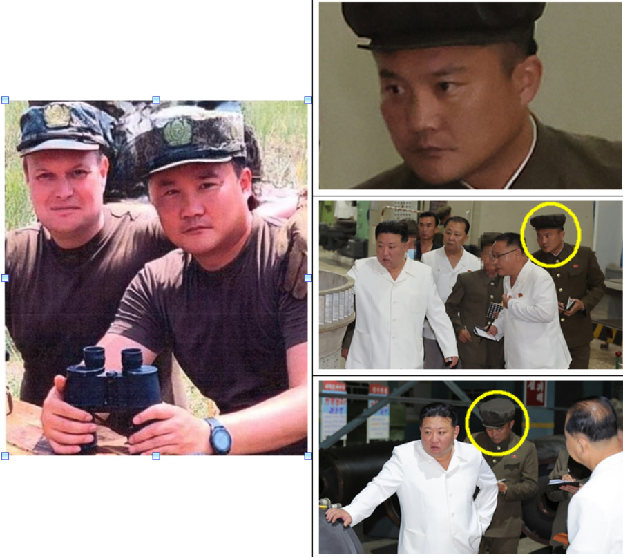 The photo on the left, released by the National Intelligence Service, shows a suspected North Korean soldier near the Russia-Ukraine front, posing with Russian soldiers. The photos on the right are believed to depict the same individual during North Korean leader Kim Jong-un's visit to a missile factory in August 2023, as shown in North Korean state media.