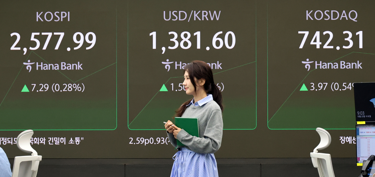 An electronic board showing the Korea Composite Stock Price Index at a dealing room of the Hana Bank headquarters in Seoul on Wednesday. (Yonhap)