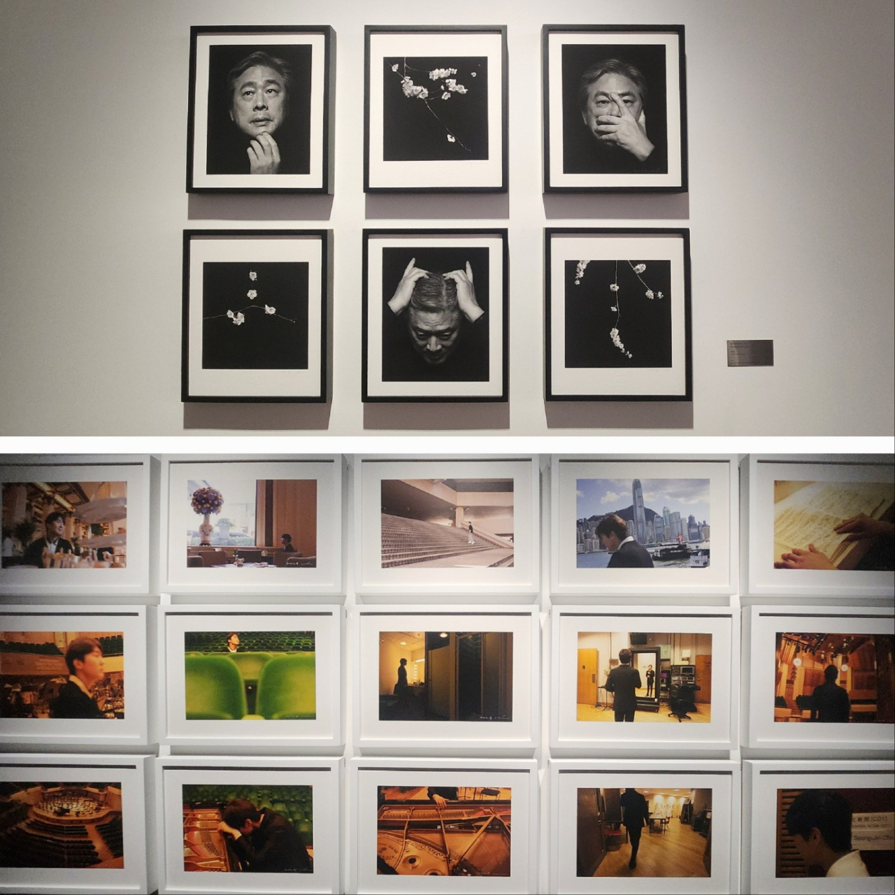 Photos of film director Park Chan-wook (above) and pianist Cho Seong-jin by photographer Kim Yong-ho in the exhibition “Dual Narratives: Honoring the Visionaries” at Foundry Seoul in Hannam-dong, Seoul. (Choi Si-young/The Korea Herald).