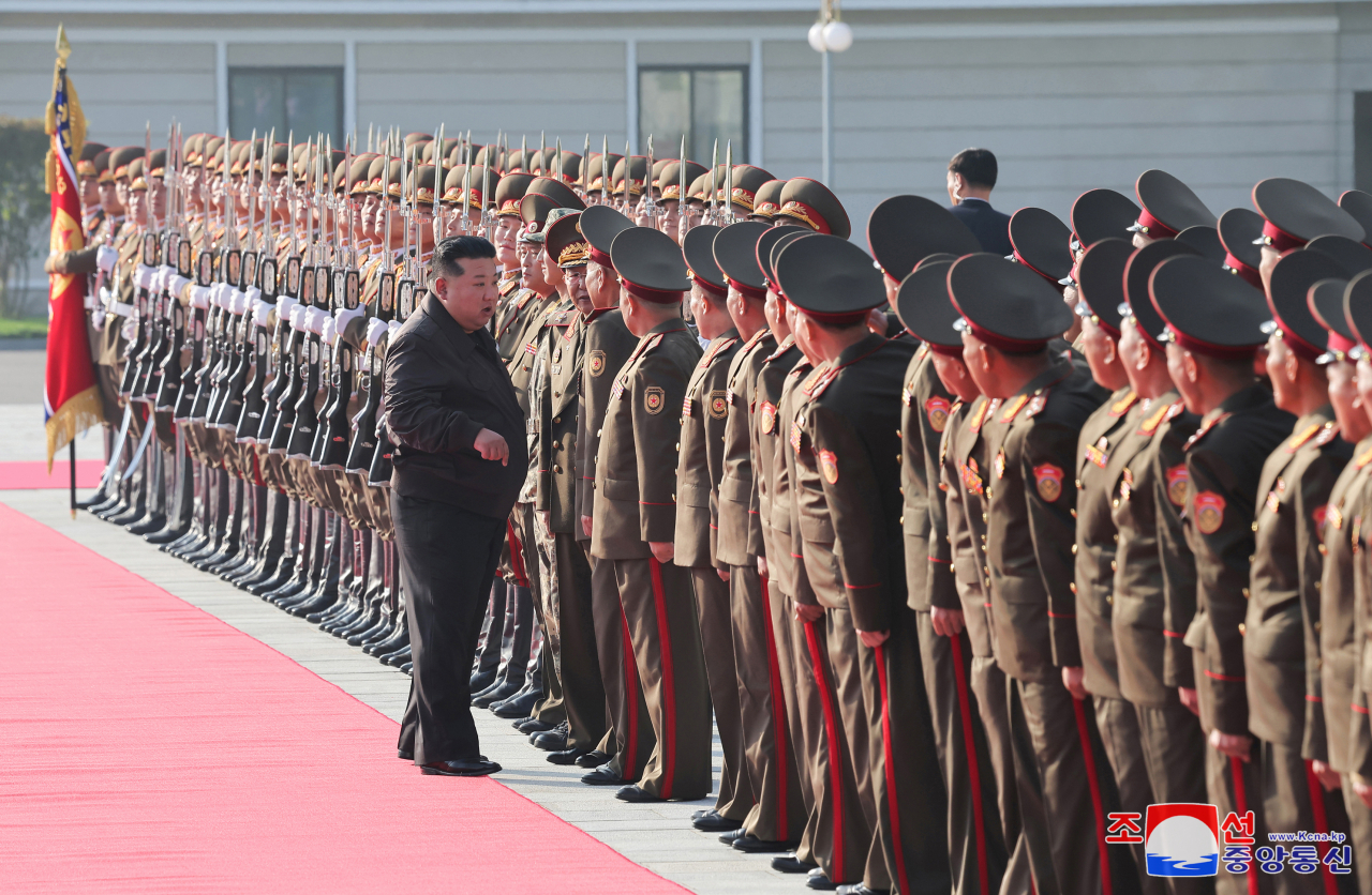 The North Korean leader, Kim Jong Un, inspects troops in Pyongyang, Oct. 17. (KCNA)