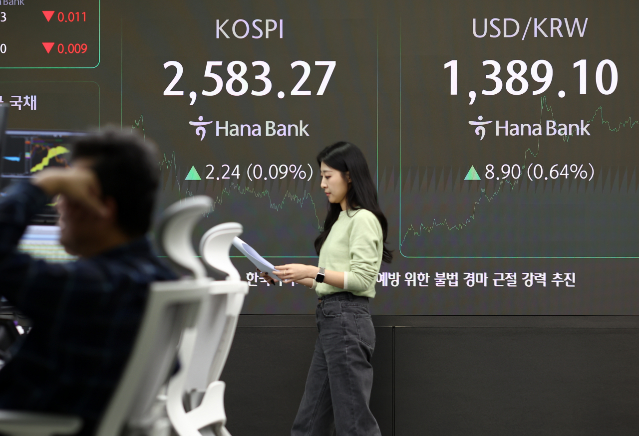 An electronic board showing the Korea Composite Stock Price Index at a dealing room of the Hana Bank headquarters in Seoul on Friday. (Yonhap)