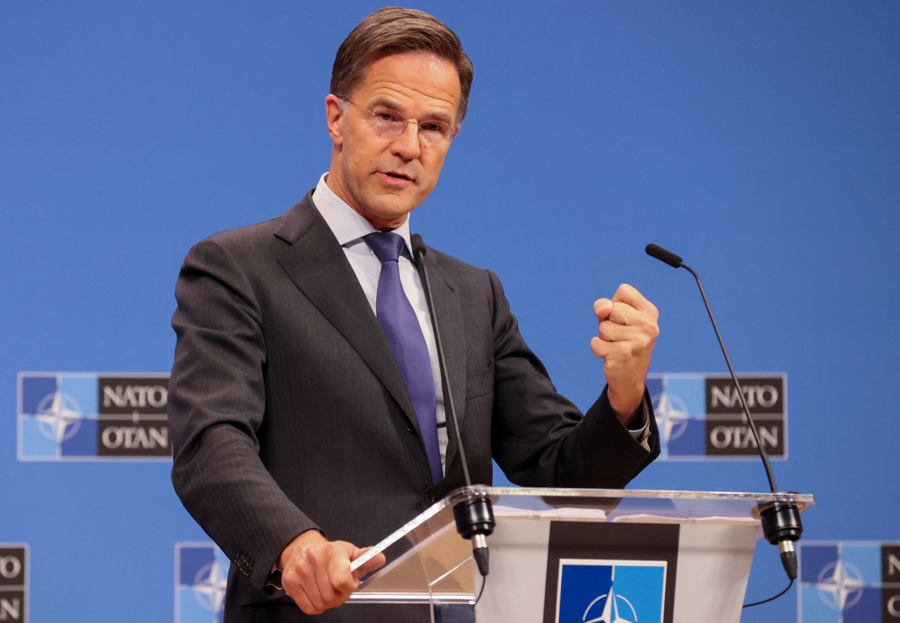 NATO Secretary General Mark Rutte addresses a press conference during a NATO Defense Ministers meeting in Brussels, Belgium, on Oct. 18. (Yonhap)