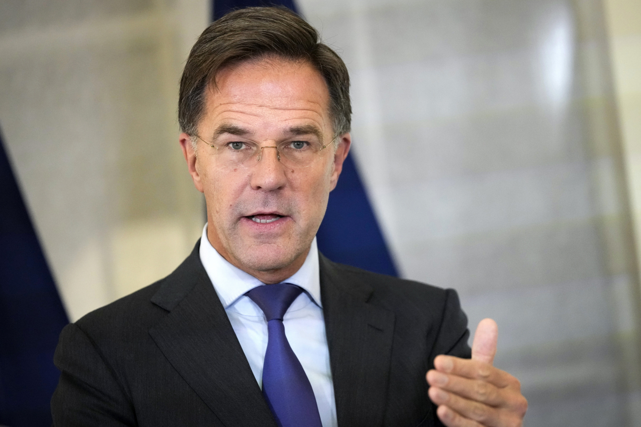 NATO Secretary General Mark Rutte speaks during a joint press conference with Estonian Prime Minister Kristen Michal, at the Stenbock House, during Rutte's two-days visit in Tallinn, Estonia, Tuesday, Oct. 22, 2024. (AP-Yonhap)