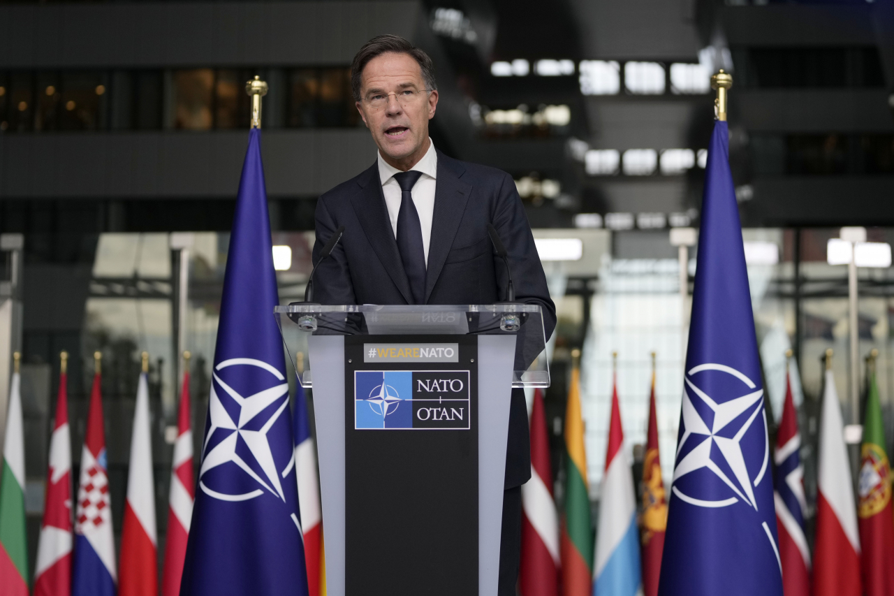 NATO Secretary General Mark Rutte delivers a statement, after a meeting with a high level South Korean delegation including top intelligence and military officials as well as senior diplomats briefed NATO diplomats, at NATO headquarters in Brussels on Monday. (AP)