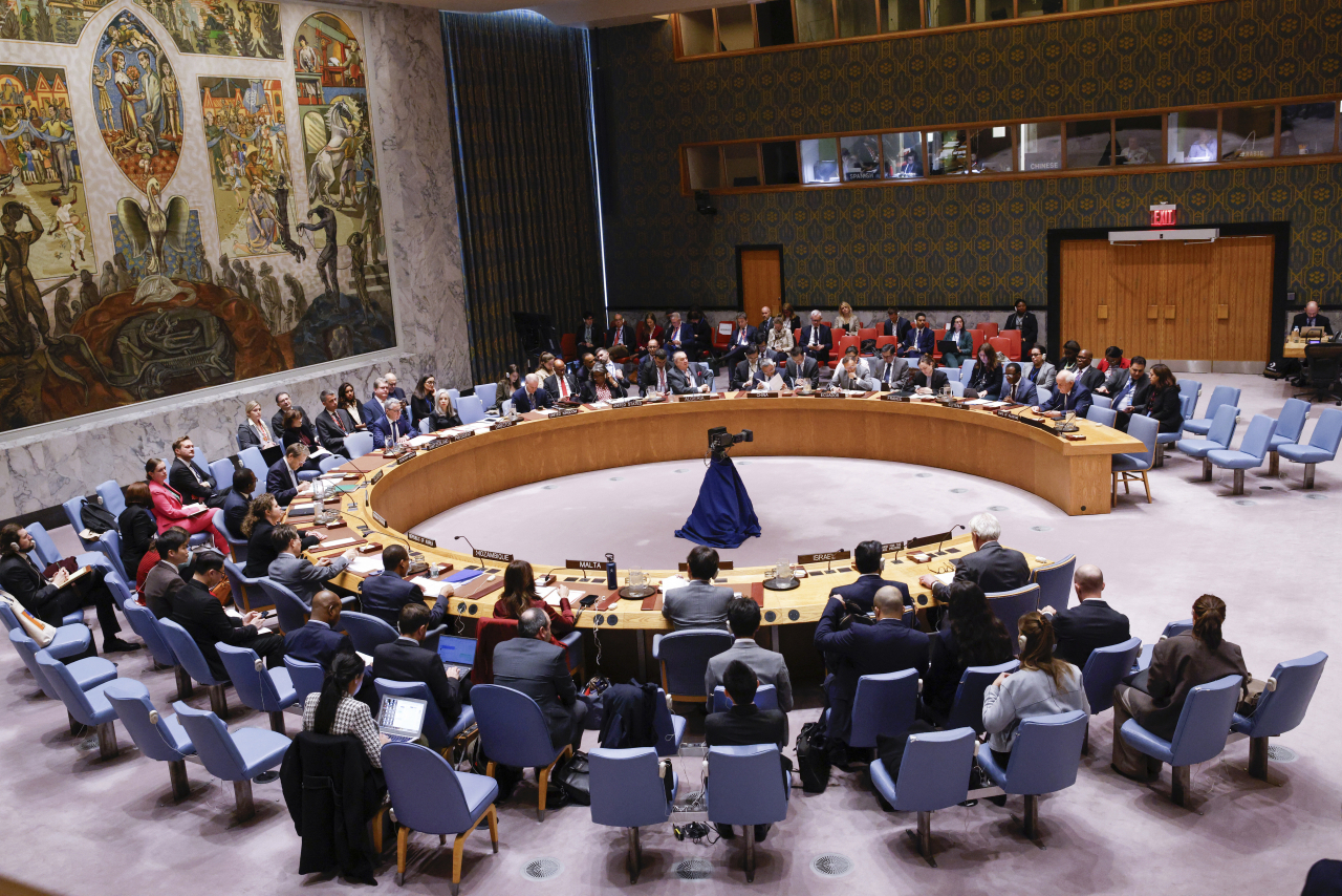 General view of the room is seen while Riyad Mansour, Palestinian Ambassador to the UN speaks during a United Nations Security Council meeting on the situation in the Middle East, including the Palestinian question at U.N. headquarters in New York, Tuesday. (AP)