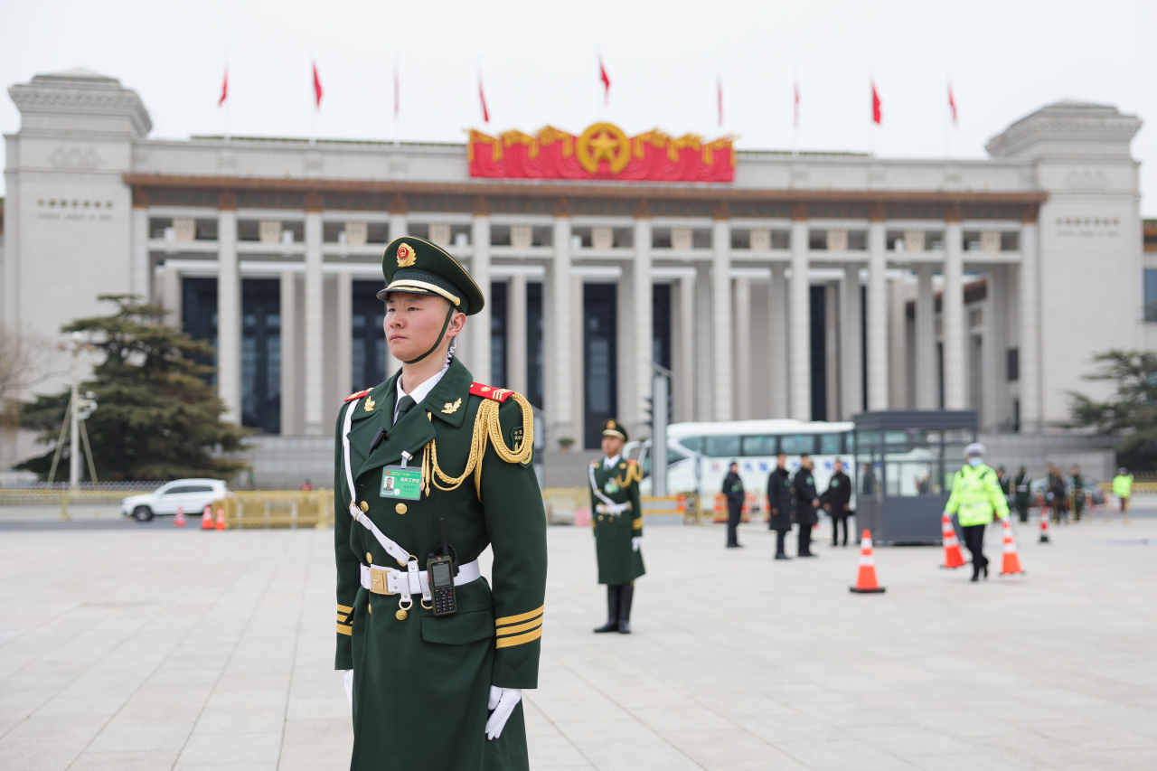 Armed policemen patrol for opening session of the Chinese People's Political Consultative Conference (CPPCC) at Tiananmen Square on March 4, 2024 in Beijing, China. (Getty Images)