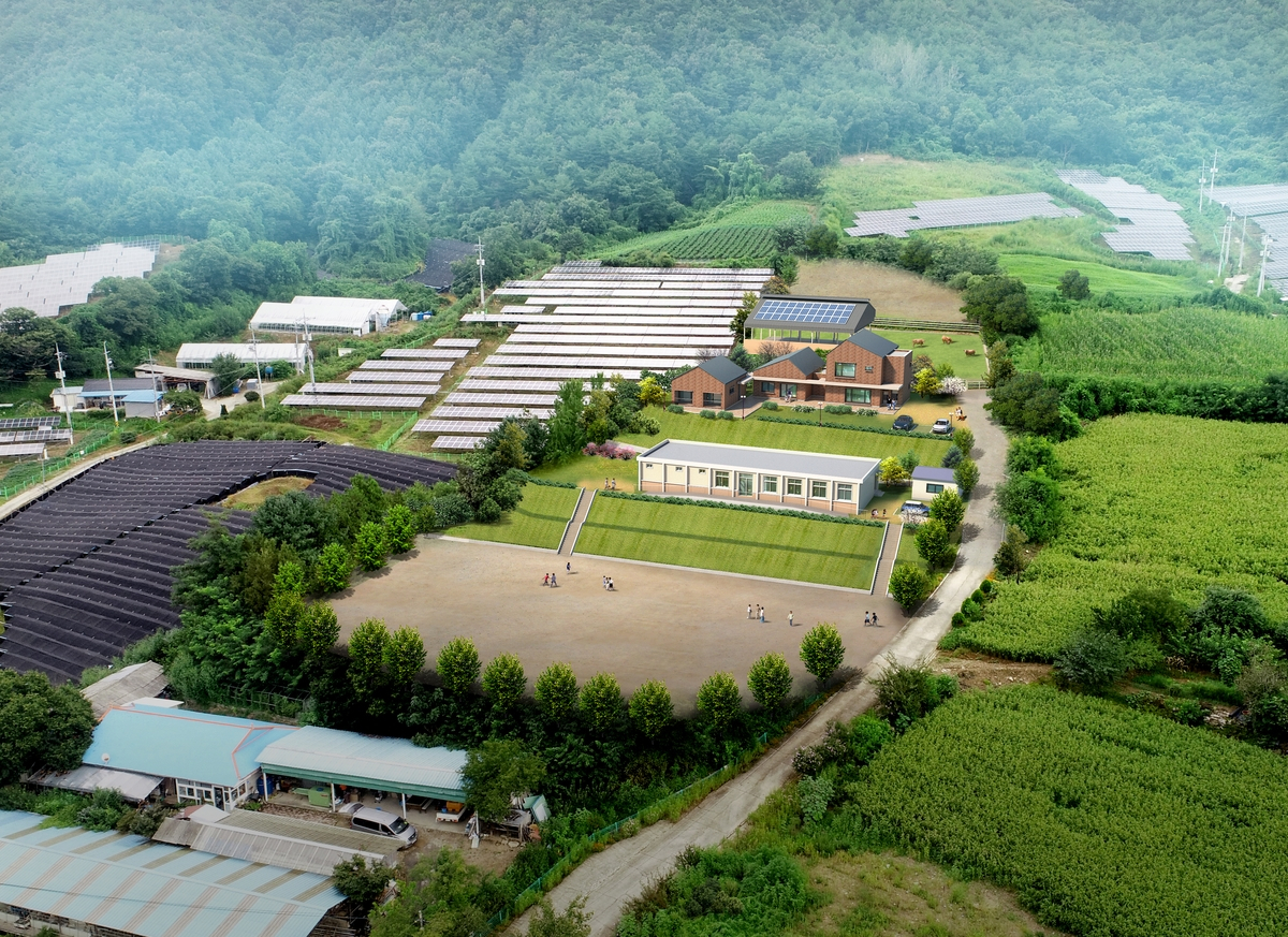 A rendering of New Moon Sanctuary shows housing for younger residents, a barn and enclosed field for the Flower Cows, as well as accommodation facilities for short-term visitors and a cultural space to teach visitors about veganism. (Inje-gun Office)