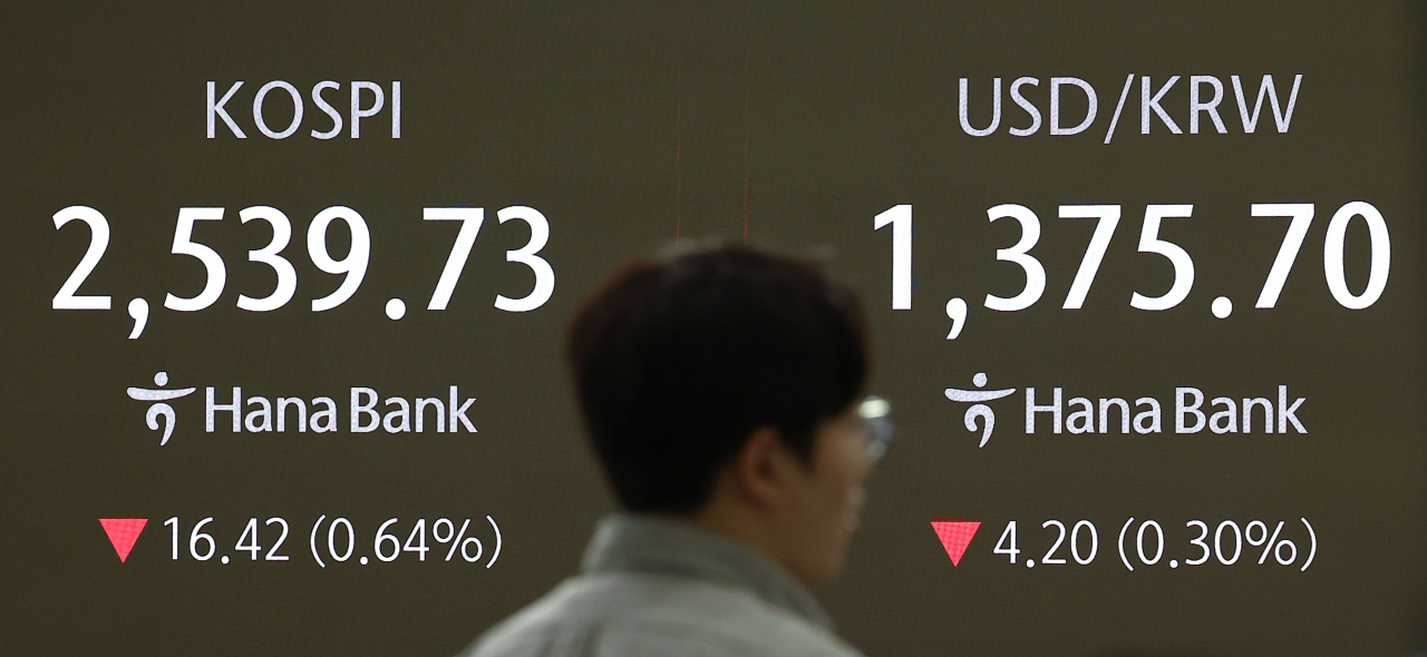 An electronic board showing the Korea Composite Stock Price Index at a dealing room of the Hana Bank headquarters in Seoul on Friday. (Yonhap)