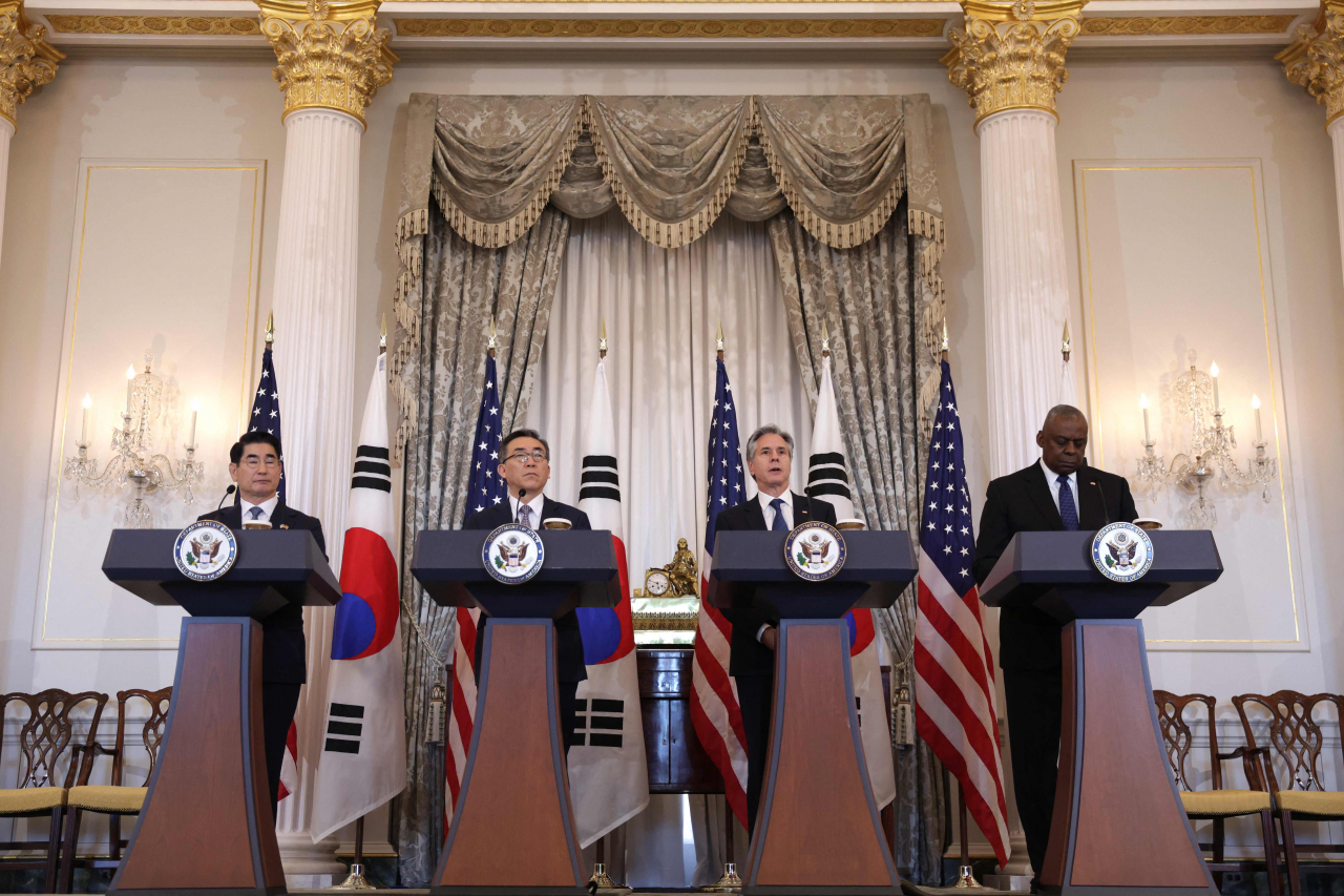 South Korean Minister of Defense Kim Yong-hyun, South Korean Minister of Foreign Affairs Cho Tae-yul, US Secretary of State Antony Blinken and US Secretary of Defense Lloyd Austin (from left to right) participate in a joint news conference at the State Department on Thursday in Washington, DC. Blinken and Austin are meeting with their South Korean counterparts for a 2+2 diplomatic and defense meeting. (Getty Images via AFP)