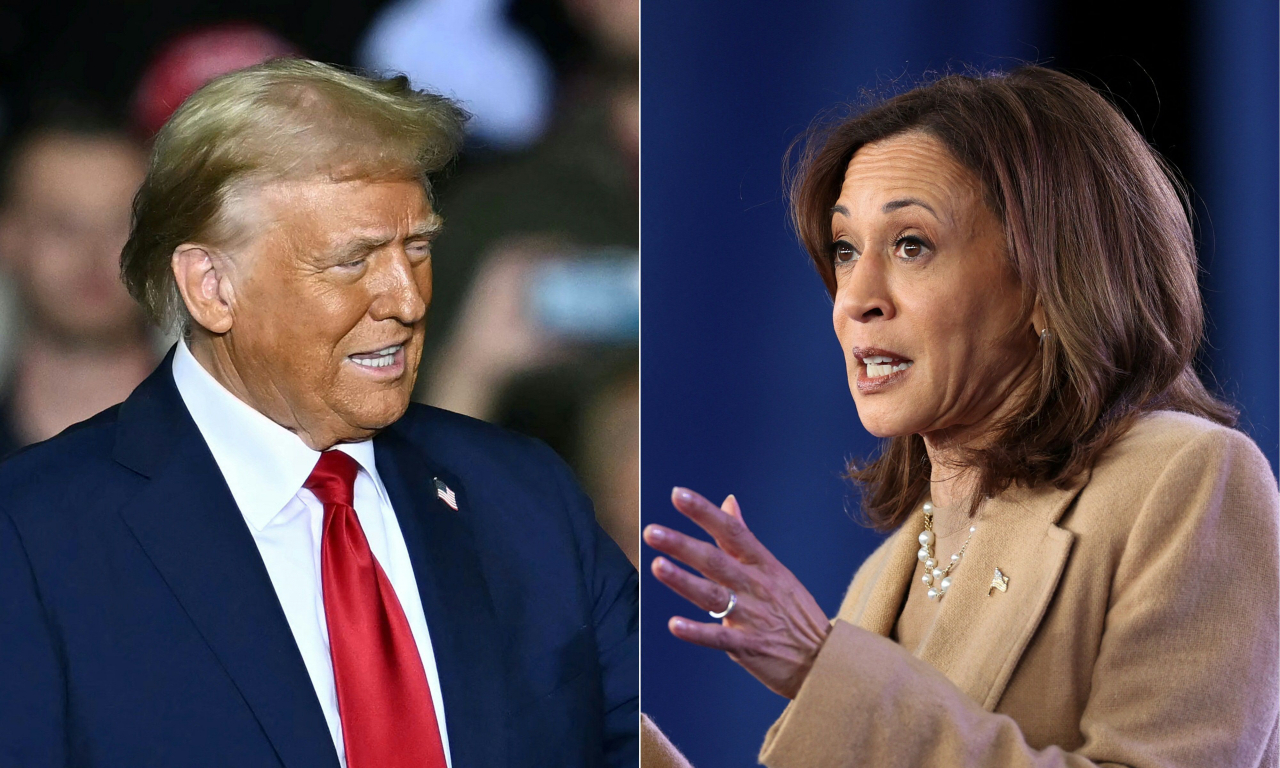 This combination of pictures shows former US President and Republican presidential candidate Donald Trump (left) arrives to speak at a campaign rally at the PPL Center in Allentown, Pennsylvania, on Oct. 29 and US Vice President and Democratic presidential candidate Kamala Harris (right) speaks during a campaign rally in Charlotte, North Carolina, on Nov. 2. (AFP)