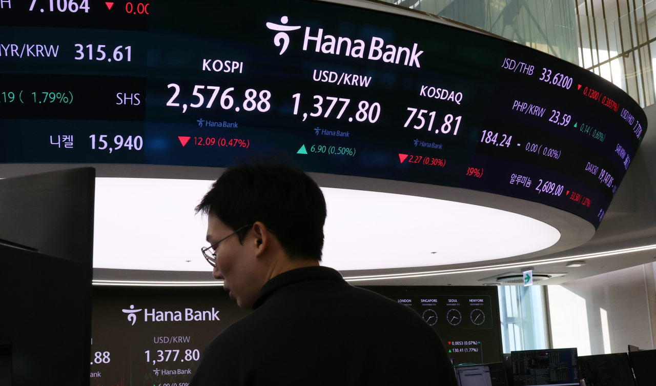 An electronic board showing the Korea Composite Stock Price Index at a dealing room of the Hana Bank headquarters in Seoul on Tuesday. (Yonhap)