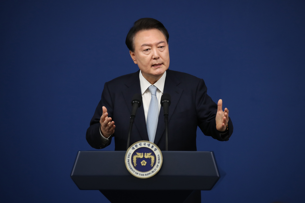 South Korean President Yoon Suk Yeol delivers a speech during a briefing on state affairs and press conference at the presidential office on Aug. 29. (Getty Image)