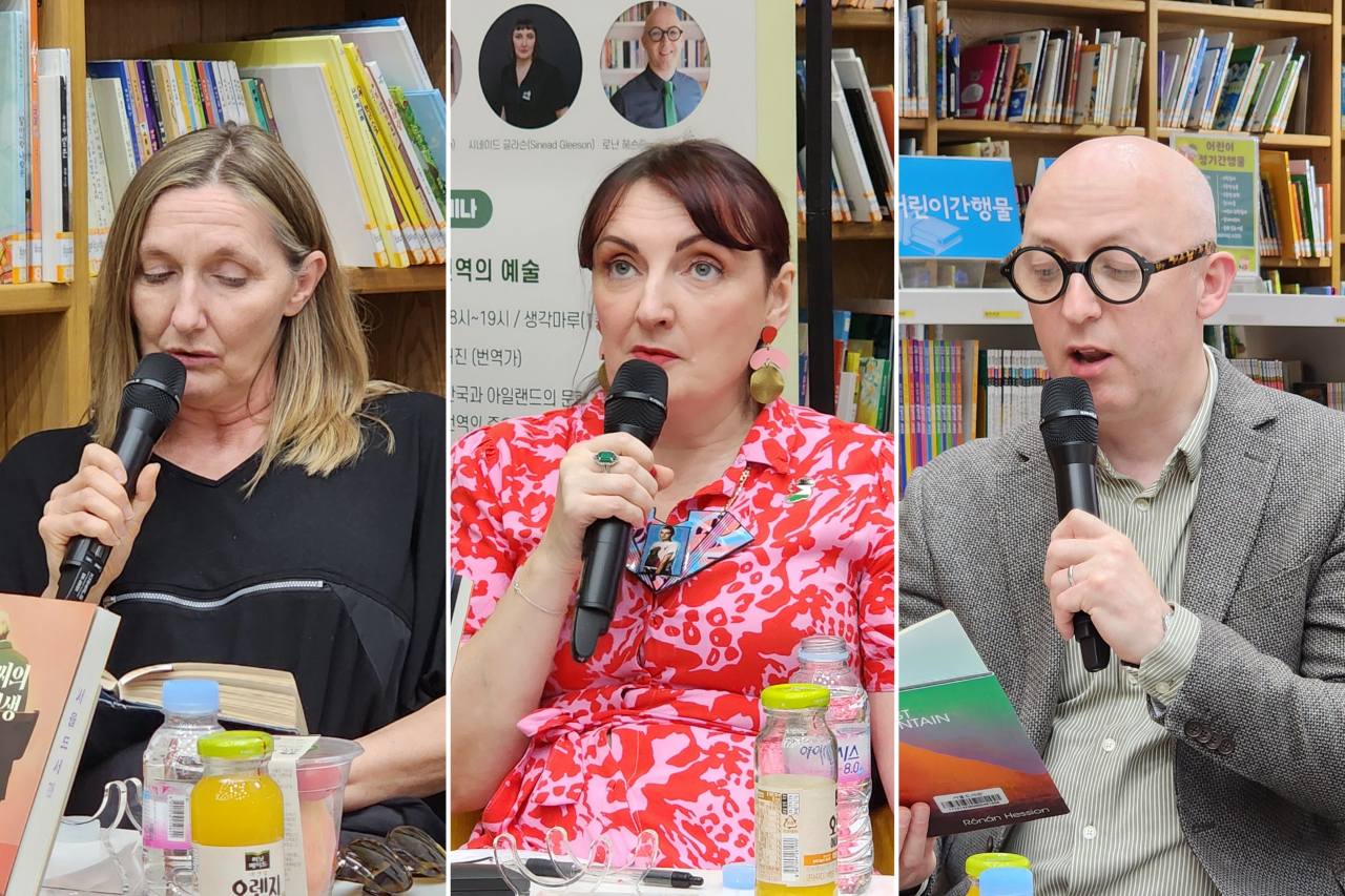 From left, Irish writers Anne Griffin, Sinead Gleeson and Ronan Hession attend a book talk at the Seoul Metropolitan Library, held as part of the Ireland Literature Festival Korea 2024. (Hwang Dong-hee/The Korea Herald)