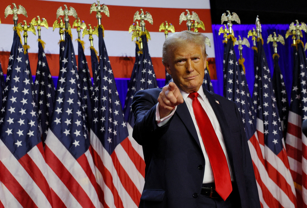 Republican presidential nominee and former US President Donald Trump takes the stage to address supporters at his rally, at the Palm Beach County Convention Center in West Palm Beach, Florida, US, November 6, 2024. (Reuters/Brian Snyder)