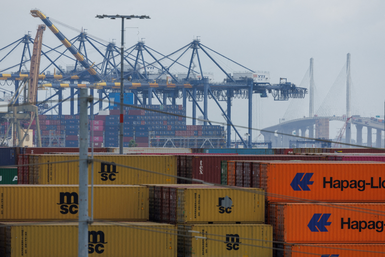 Shipping containers are shown at the Terminal 1 Container Terminal at the Port of Los Angeles in Wilmington, California, U.S., October 17, 2024. (Reuters)