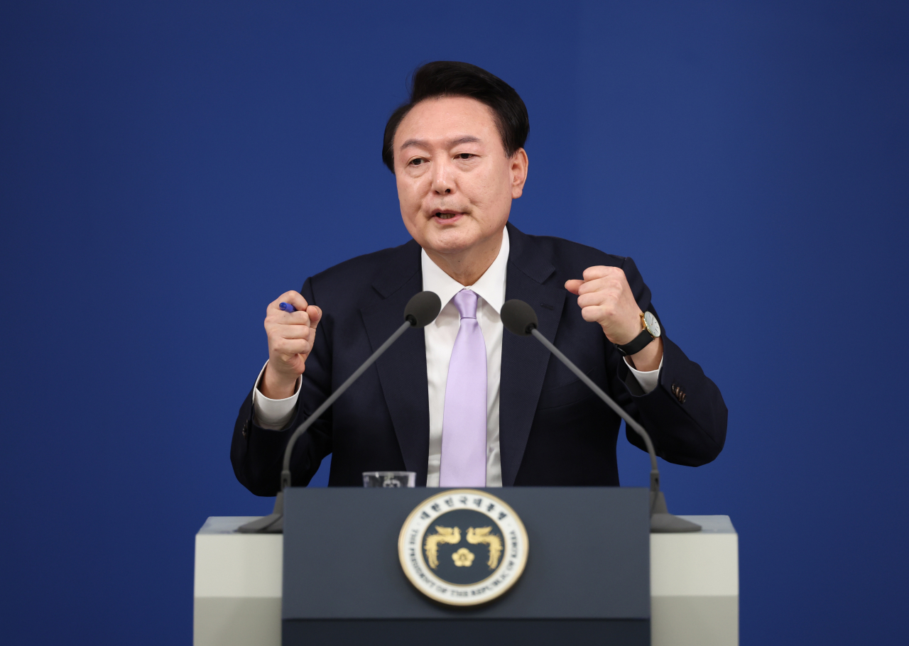 President Yoon Suk Yeol speaks during a press conference at the presidential office in Seoul on Thursday. (Yonhap)