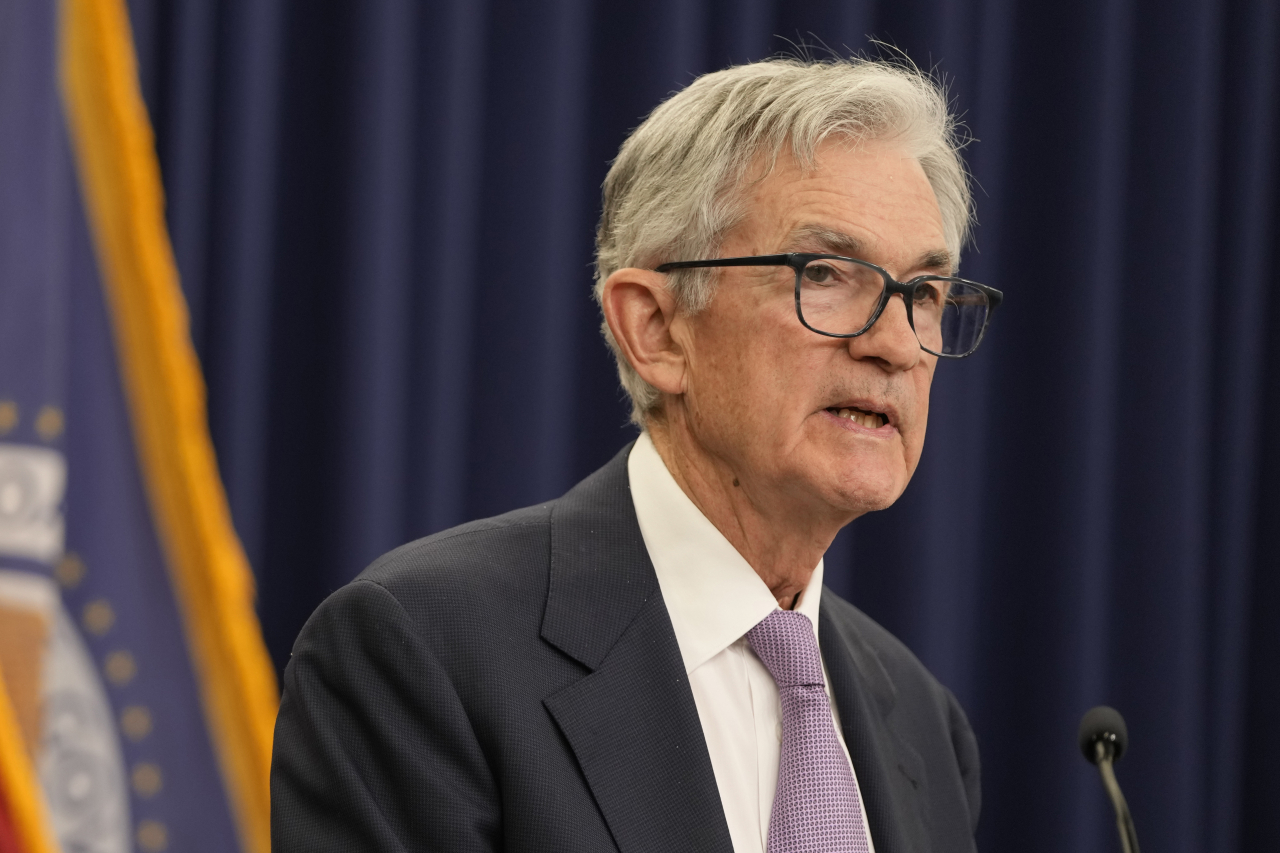 Federal Reserve Board Chairman Jerome Powell speaks during a news conference at the Federal Reserve in Washington, Thursday. (AP-Yonhap)