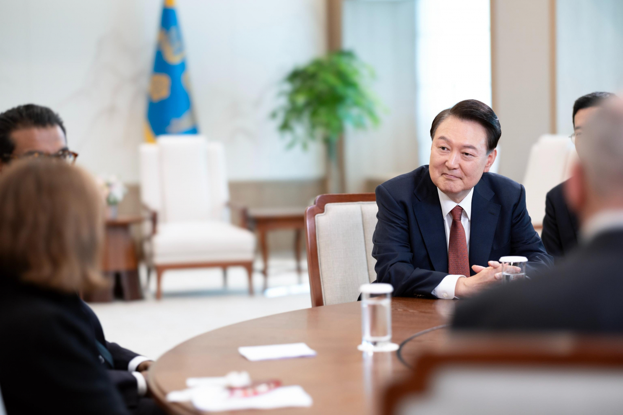 President Yoon Suk Yeol speaks during an an interview with US magazine Newsweek at the presidential office in Yongsan, central Seoul on Oct. 16. (Presidential office)