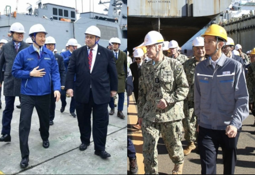 From left: HD Hyundai Vice Chairman Chung Ki-sun, US Secretary of the Navy Carlos Del Toro, US Pacific Fleet Commander Stephen Koehler and Hanwha Group Vice Chairman Kim Dong-kwan take a look around the respective shipbuilders' shipyard in Ulsan and Geoje, South Gyeongsang Province. (HD Hyundai, Hanwha)