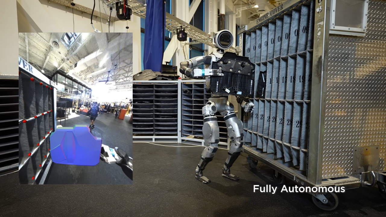 Boston Dynamics’ humanoid robot Atlas autonomously sorts engine cover parts using vision-based recognition in an automotive factory, as demonstrated in a video released by the company on Oct. 31. (Hyundai Motor Group)