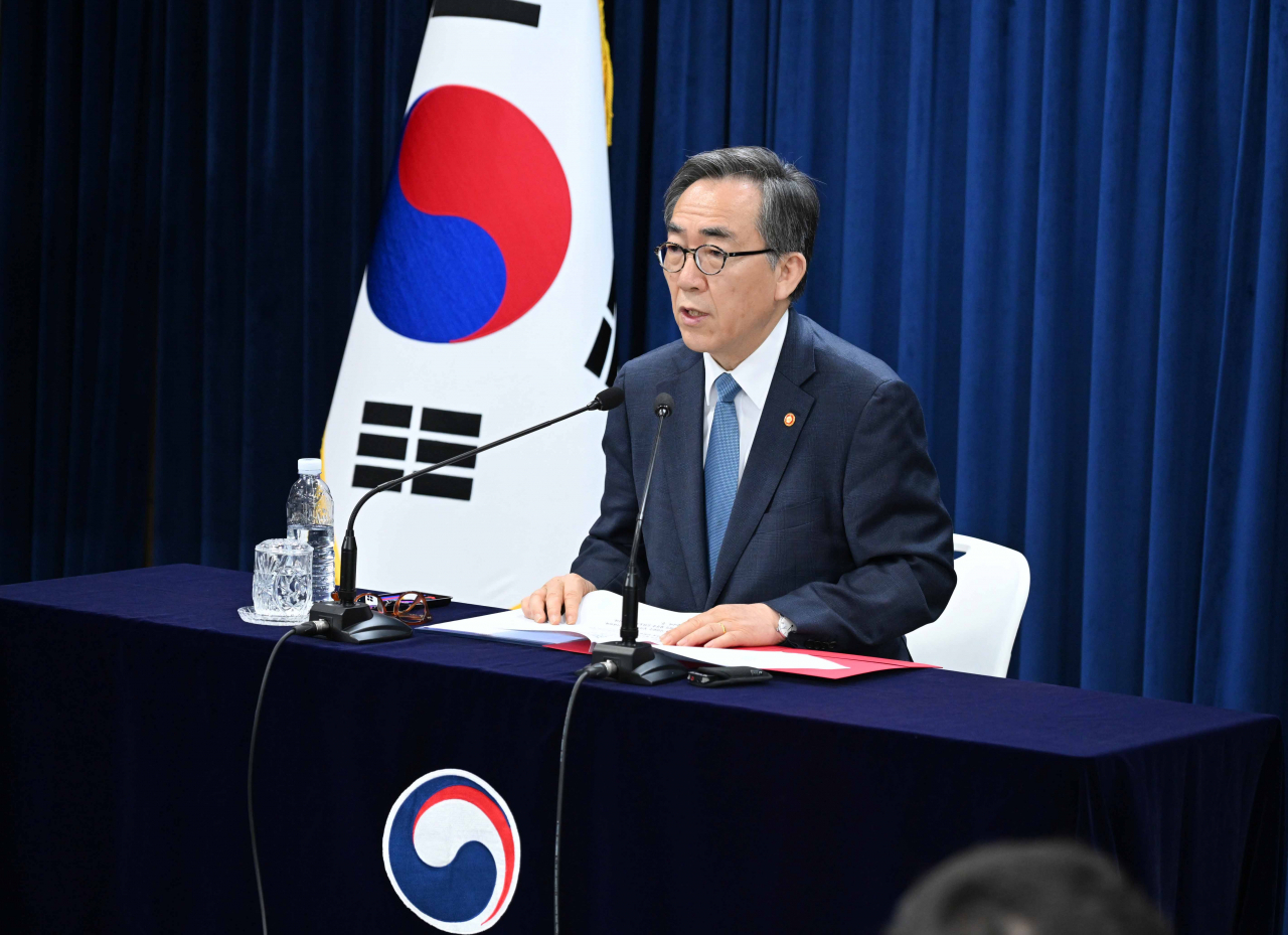 Foreign Minister Cho Tae-yul delivers remarks at a press briefing held Tuesday at the Government Complex building. (Republic of Korea Ministry of Foreign Affairs)