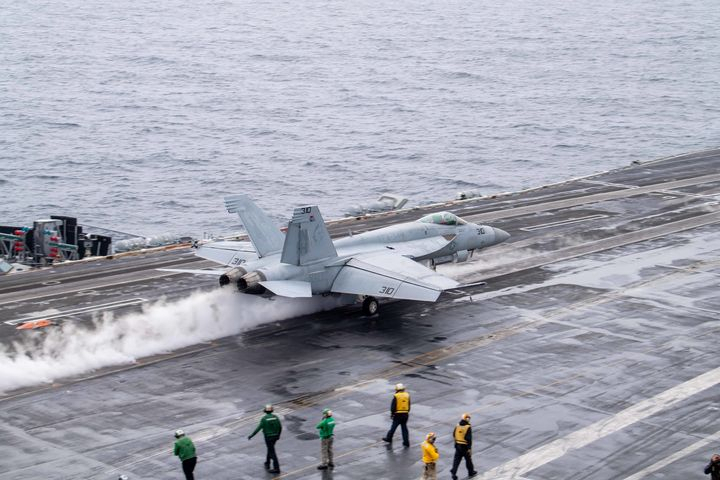 This photo shows a Super Hornet fighter jet taking part in the first multi-domain exercise of Freedom Edge held by South Korea, the United States and Japan in international waters, south of South Korea's southern island of Jeju, on June 28. (US Navy)