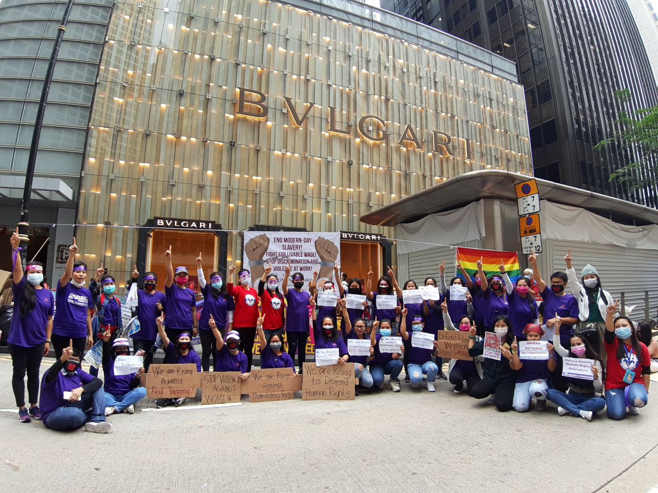 Migrant domestic workers gather on International Women’s Day to express solidarity for women’s rights and dignity in Central, Hong Kong, March 8, 2020. (Facebook)