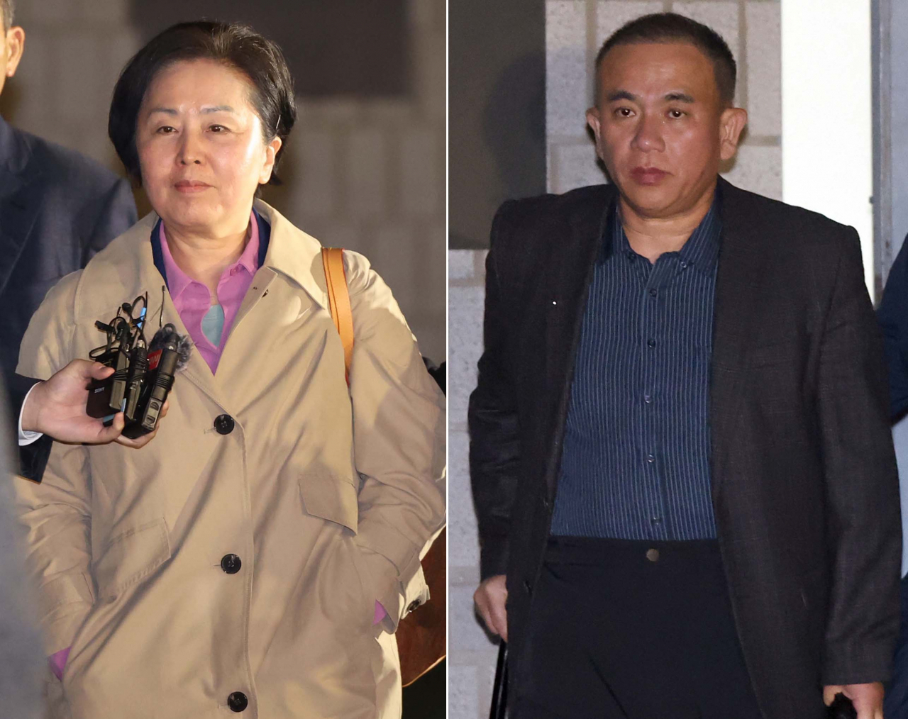 People Power Party Rep. Kim Young-sun (left) and Myung Tae-kyun leave the Changwon District Court in South Gyeongsang Province on Thursday afternoon after attending a prearrest detention hearing. (Yonhap)