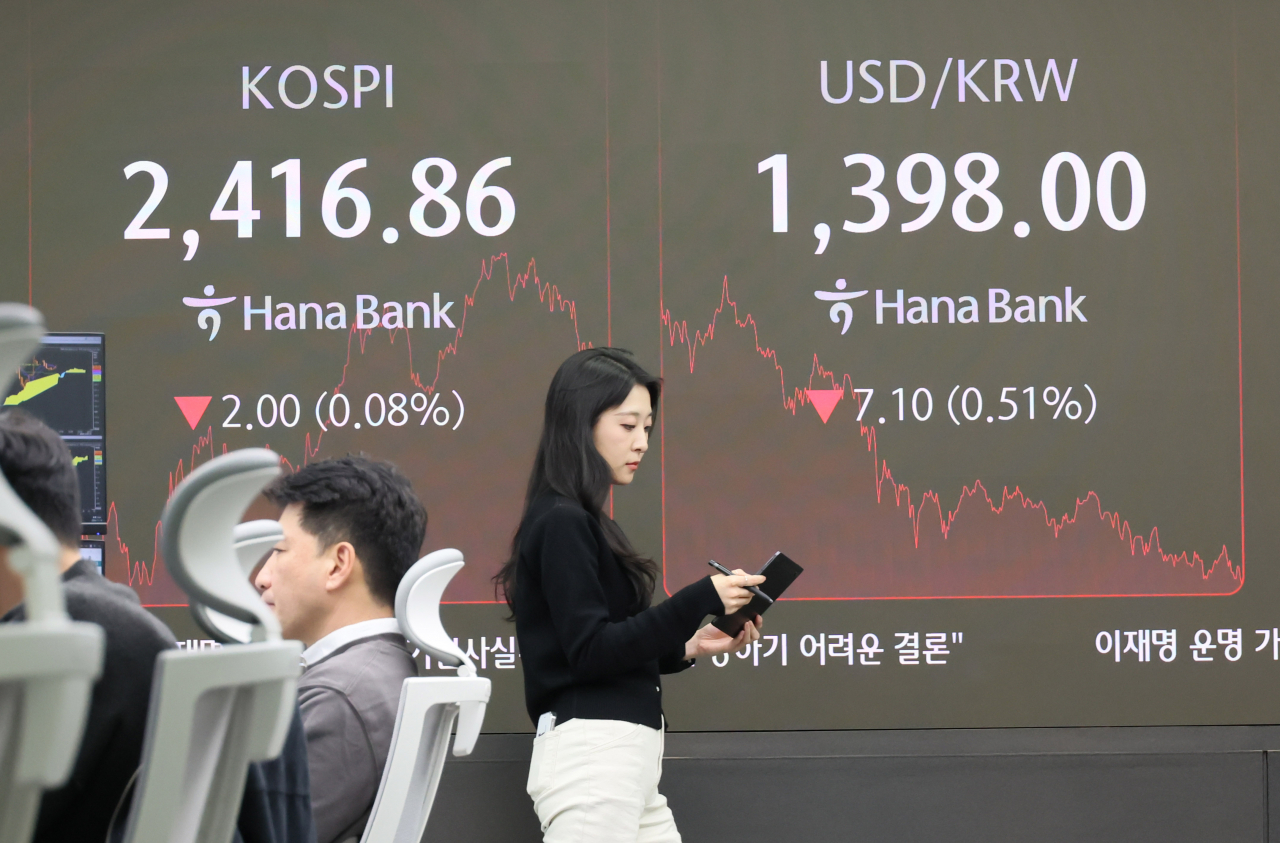 An electronic board showing the Korea Composite Stock Price Index at a dealing room of the Hana Bank headquarters in Seoul on Friday. (Yonhap)