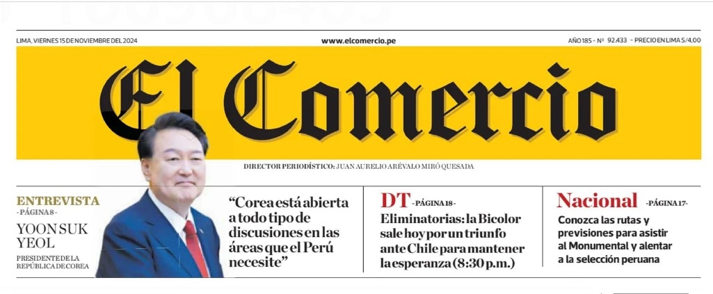 This screenshot of Peruvian newspaper El Comercio on Nov. 15, 2024, shows President Yoon Suk Yeol's interview during his trip to Peru to attend the Asia-Pacific Economic Cooperation summit. (Yonhap)