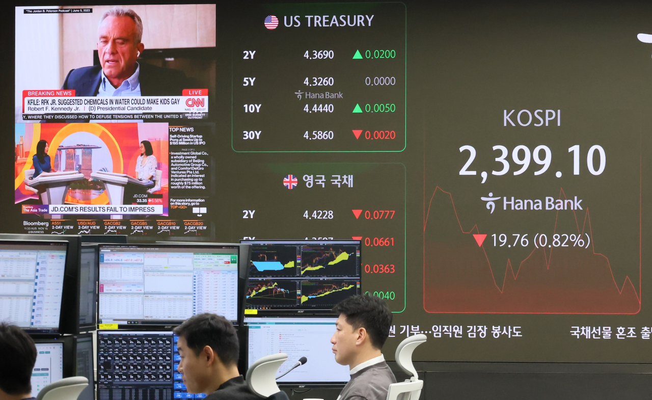 An electronic board showing the Korea Composite Stock Price Index at a dealing room of the Hana Bank headquarters in Seoul on Friday. (Yonhap)