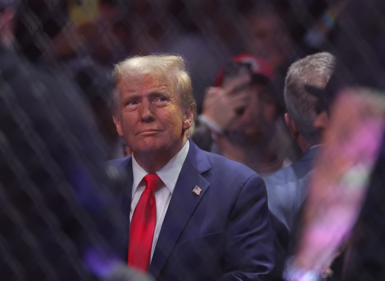 President-elect Donald Trump arrives during UFC 309 at Madison Square Garden, Nov. 16. (Brad Penner-Imagn Images/ Yonhap)