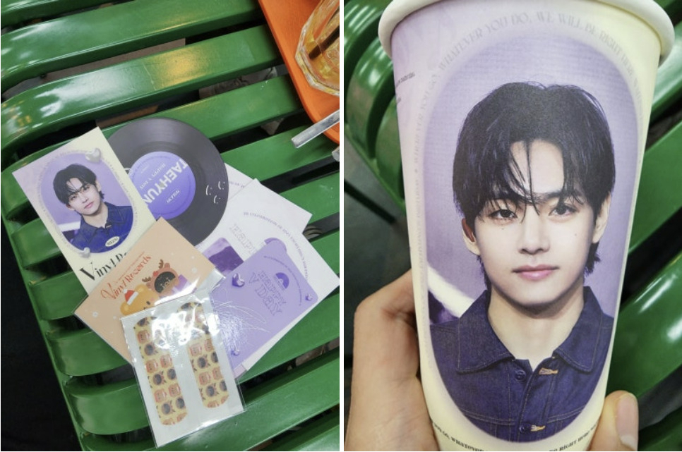 Items are on display at a birthday cafe for BTS' V in Myeongdong, Seoul, in 2023 (Naver blog @belife13)