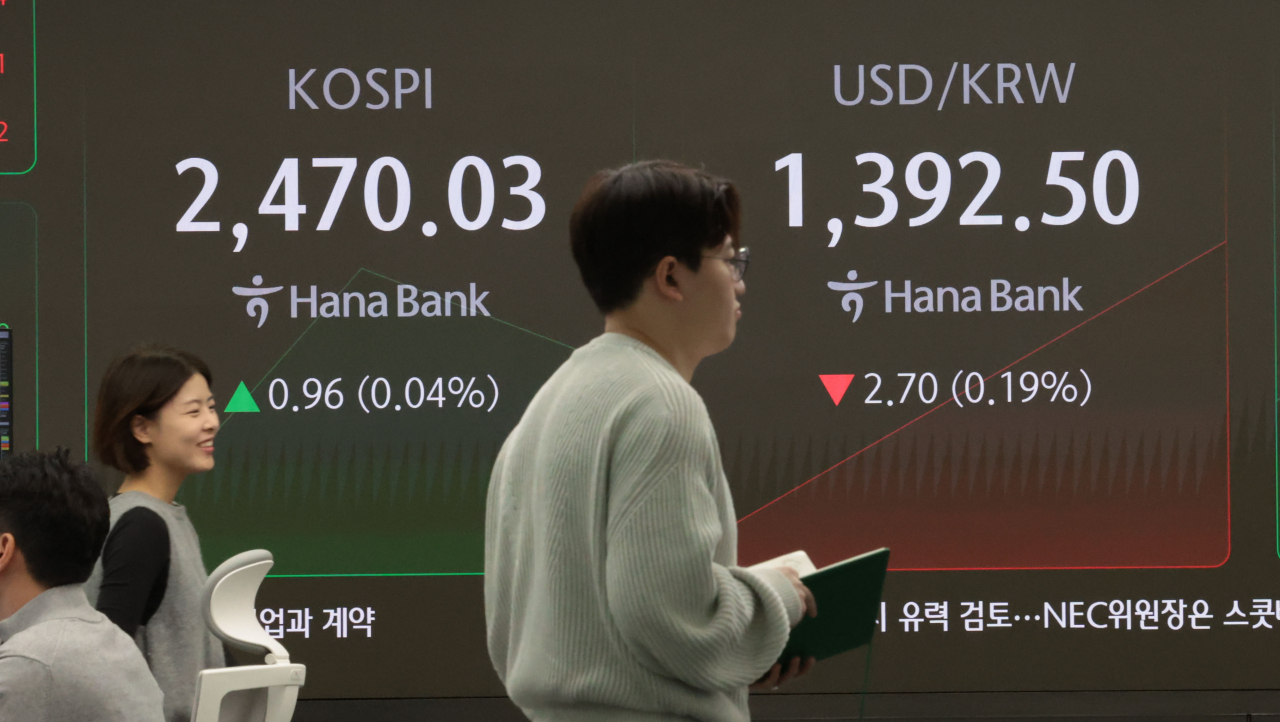 An electronic board showing the Korea Composite Stock Price Index at a dealing room of the Hana Bank headquarters in Seoul on Tuesday. (Yonhap)