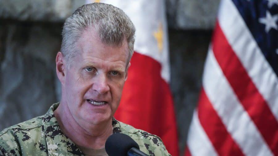 This photo, released by the Associated Press, shows U.S. Indo-Pacific Command Commander Adm. Samuel Paparo speaking during a press conference at the Philippine Military Academy in Baguio, northern Philippines on Aug. 29. (Yonhap)