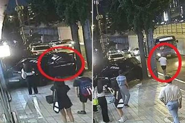 CCTV footage shows a driver fleeing the scene of an accident near Apgujeong Station, Seoul, in August 2023. (Seoul Central District Prosecutors' Office)