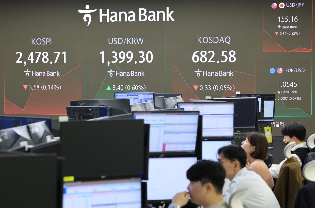 An electronic board showing the Korea Composite Stock Price Index at a dealing room of the Hana Bank headquarters in Seoul on Thursday. (Yonhap)