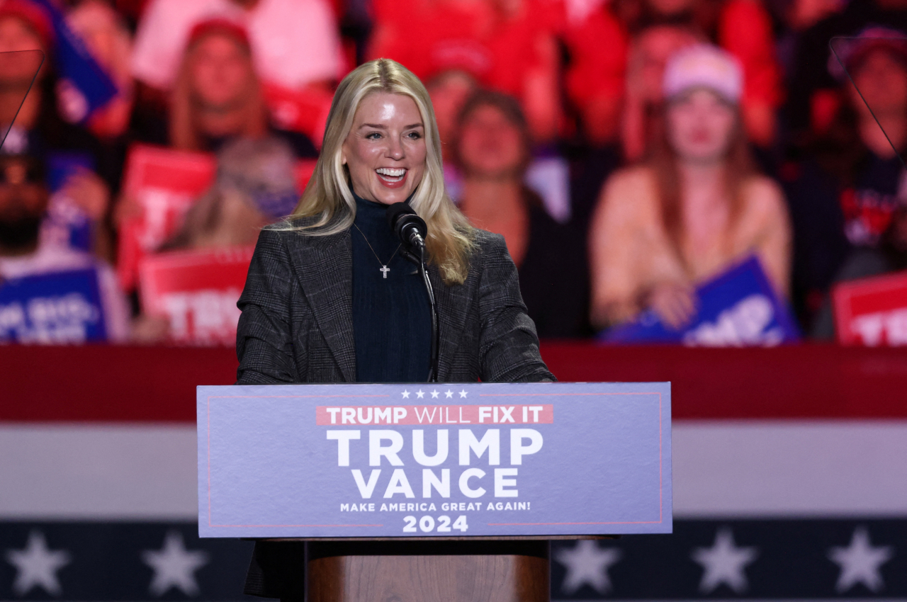 Former Florida Attorney General Pam Bondi speaks during a rally held by Republican presidential nominee and former US President Donald Trump at the Greensboro Complex in Greensboro, North Carolina, US, on Nov. 2. (Reuters-Yonhap)