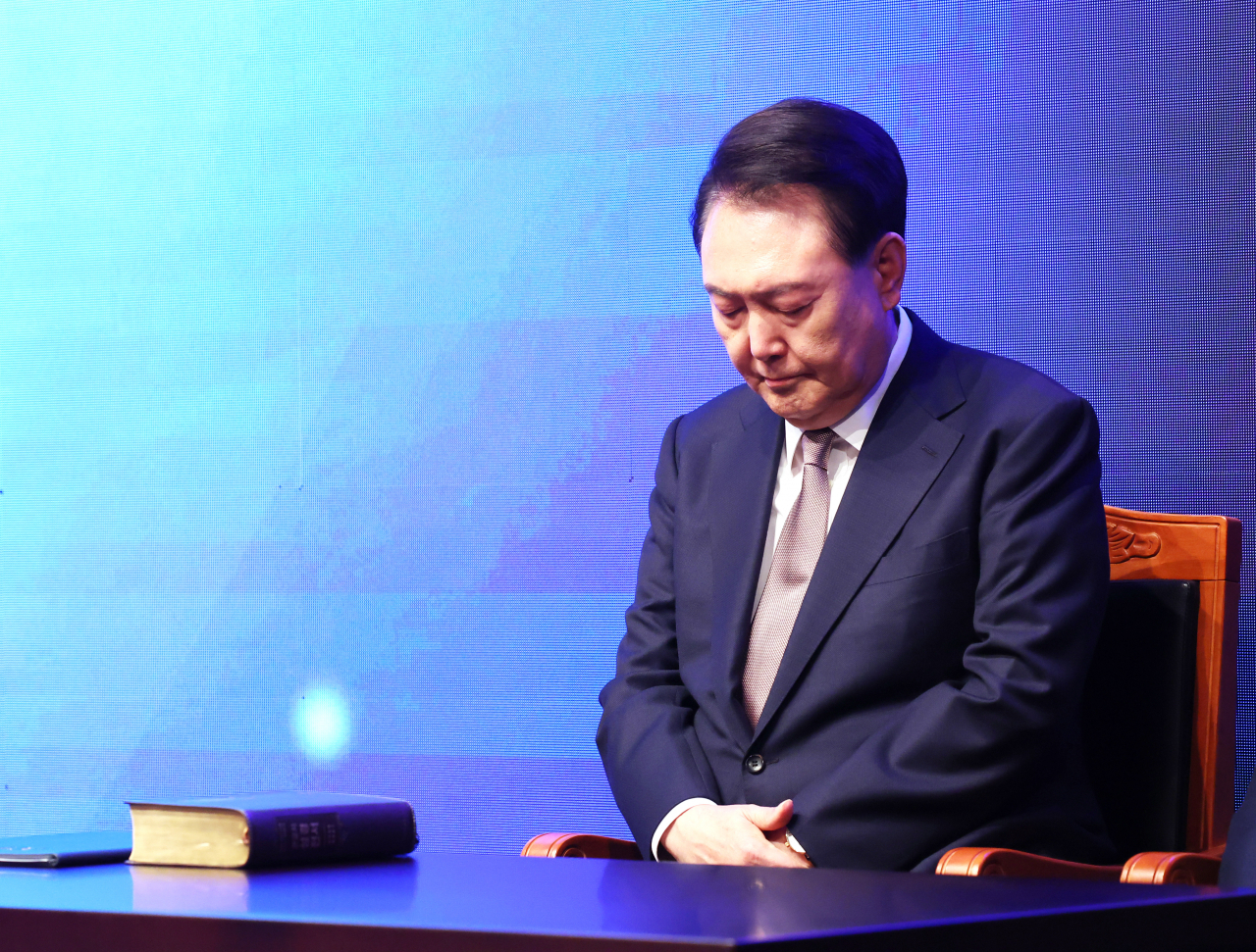 President Yoon Suk Yeol attends a national prayer breakfast in Seoul on Friday. (Pool photo via Yonhap)