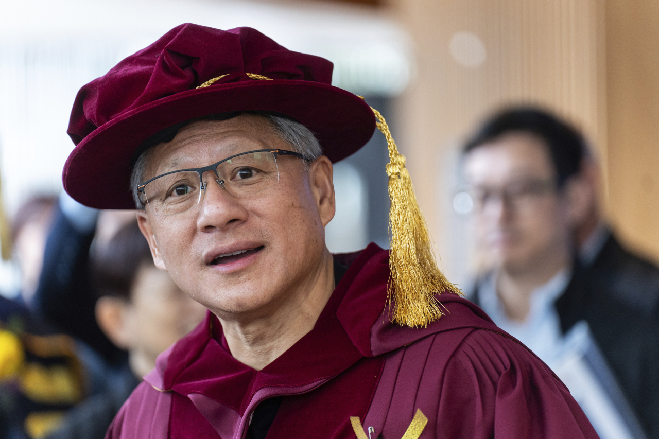 Jensen Huang, founder and CEO of Nvidia, speaks to the media following a convocation ceremony in Hong Kong, Saturday. (AP-Yonhap)